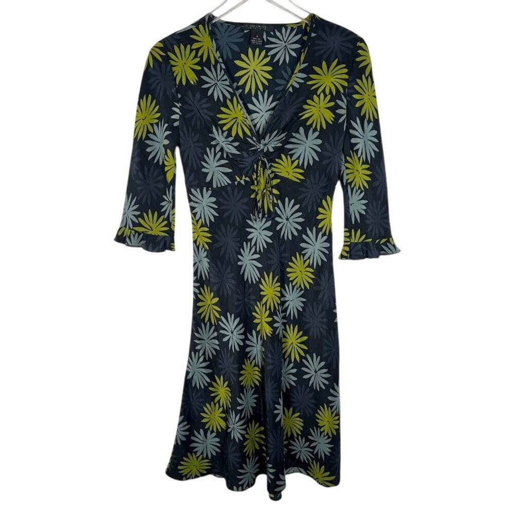 Vtg The Limited Silk Floral Print Midi Dress 4 Blue Green 3/4 Sleeve Flowy Y2K